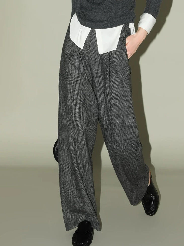 COCOBELLA Premium Tailored Houndstooth Wide Leg Minimal Office Women Gray Wool Blend Pants
