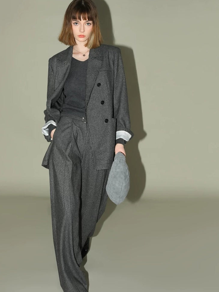 COCOBELLA Premium Tailored Houndstooth Wide Leg Minimal Office Women Gray Wool Blend Pants