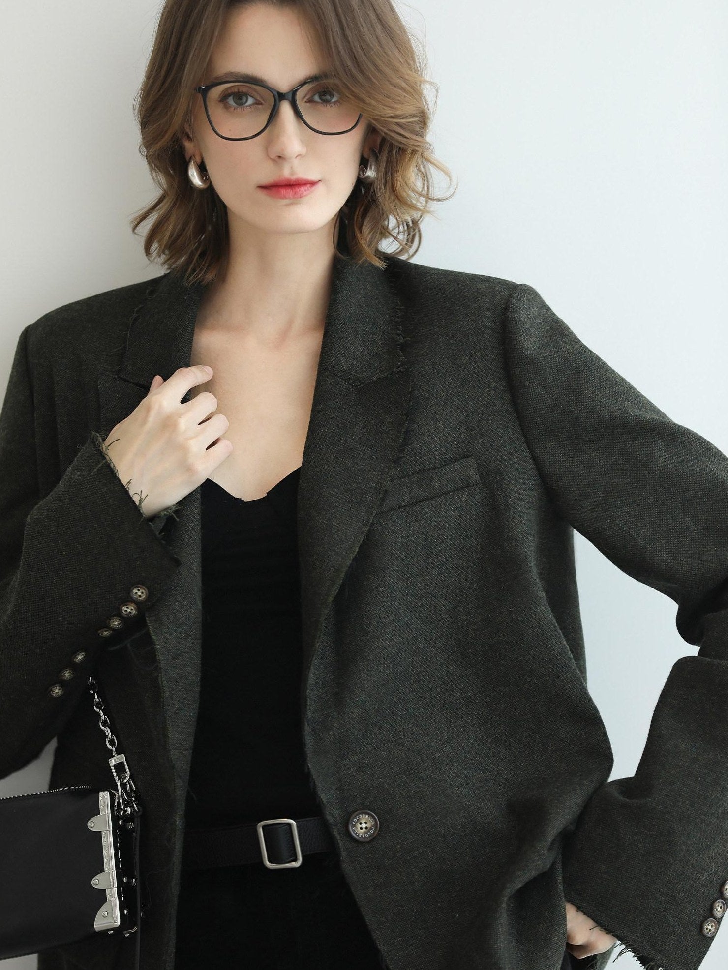 COCOBELLA Premium Wool Blend Seaweed Green Straight Cut Notch Lapel Women Office Blazers