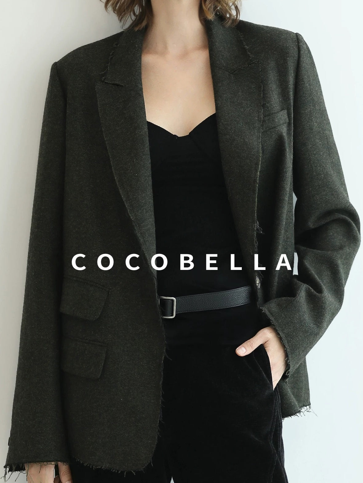 COCOBELLA Premium Wool Blend Seaweed Green Straight Cut Notch Lapel Women Office Blazers