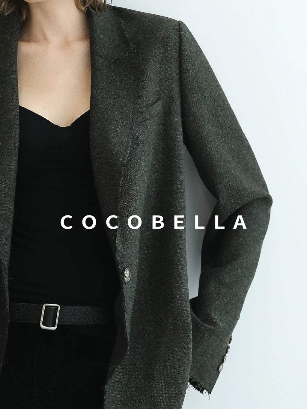 COCOBELLA Premium Wool Blend Seaweed Green Straight Cut Notch Lapel Women Office Blazers