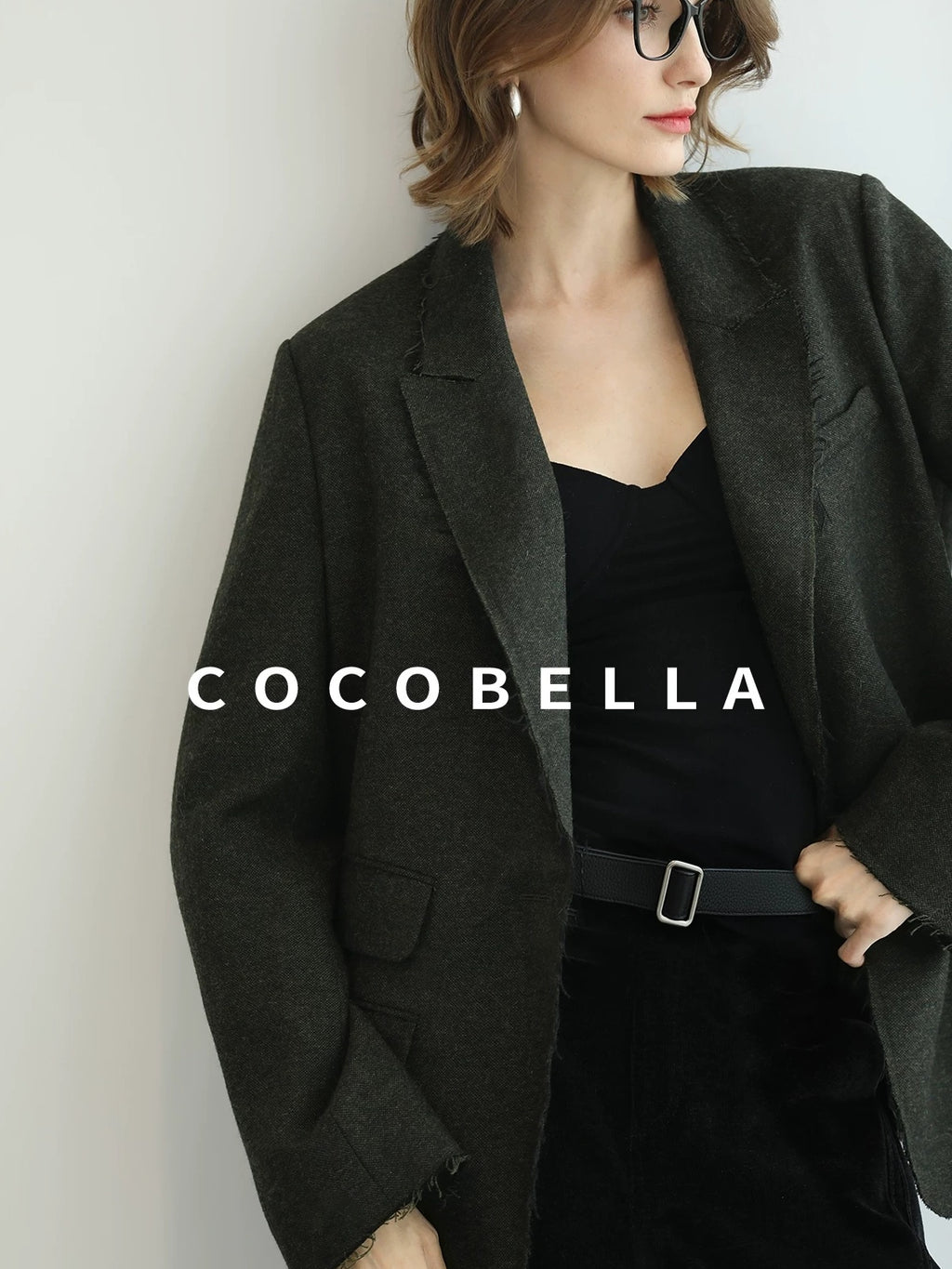 COCOBELLA Premium Wool Blend Seaweed Green Straight Cut Notch Lapel Women Office Blazers