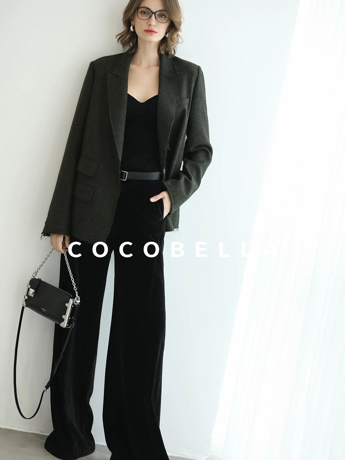 COCOBELLA Premium Wool Blend Seaweed Green Straight Cut Notch Lapel Women Office Blazers