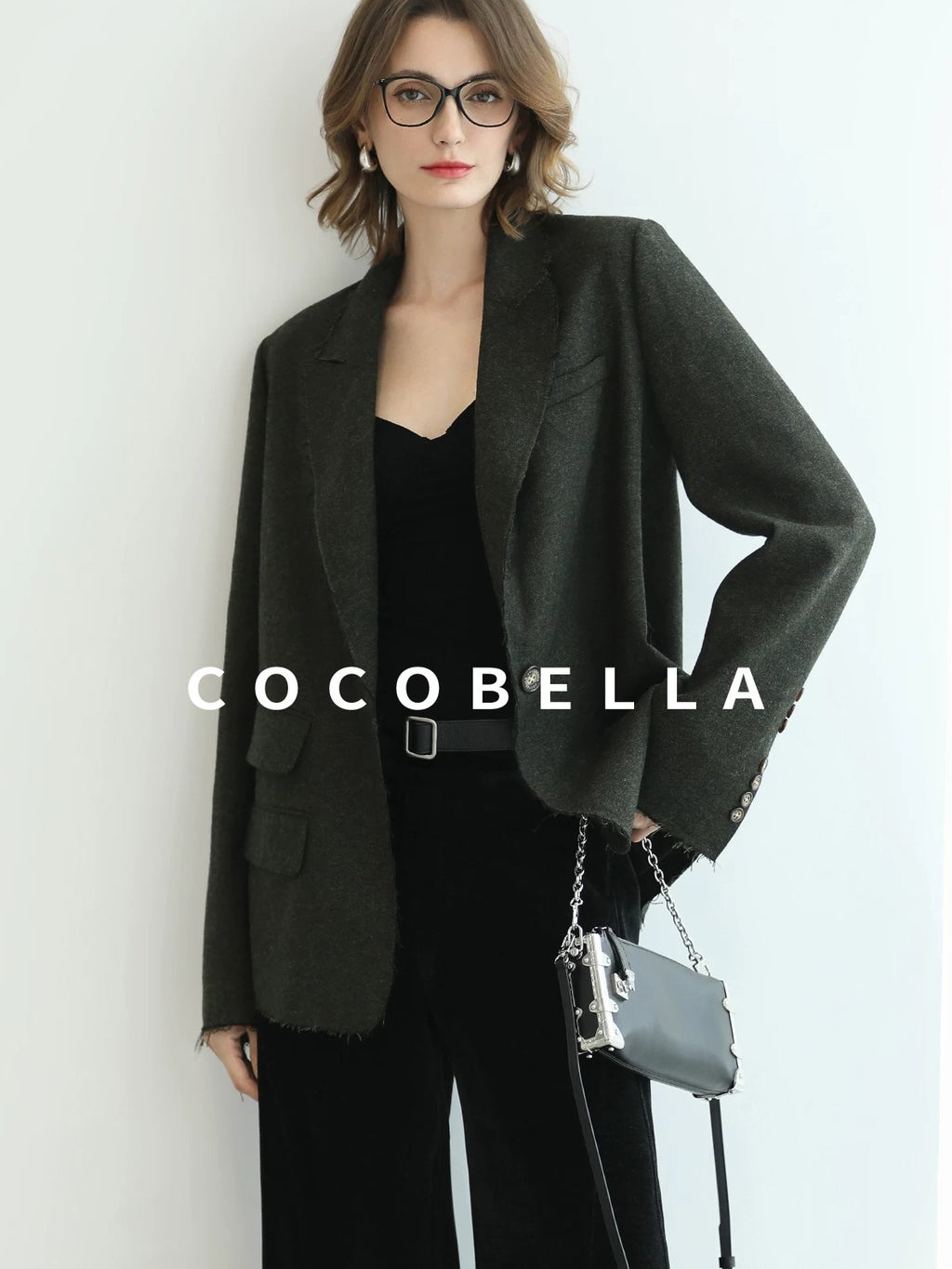 COCOBELLA Premium Wool Blend Seaweed Green Straight Cut Notch Lapel Women Office Blazers