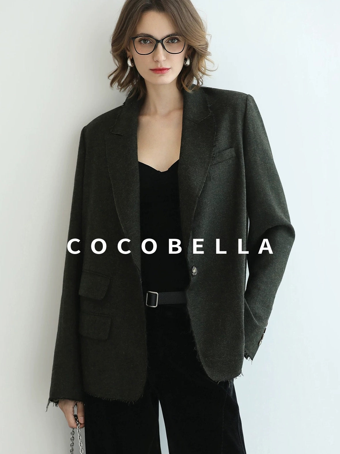 COCOBELLA Premium Wool Blend Seaweed Green Straight Cut Notch Lapel Women Office Blazers