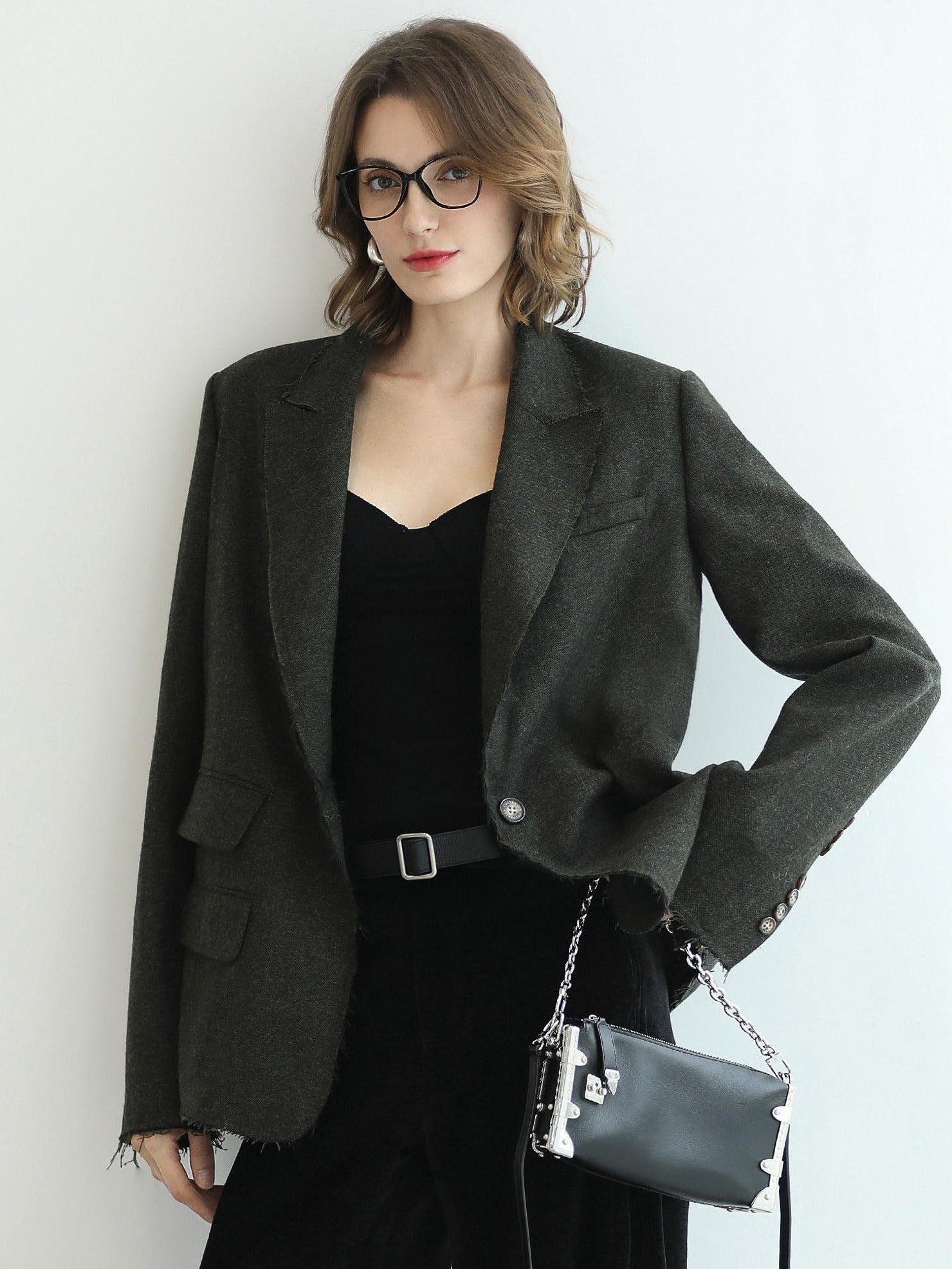 COCOBELLA Premium Wool Blend Seaweed Green Straight Cut Notch Lapel Women Office Blazers