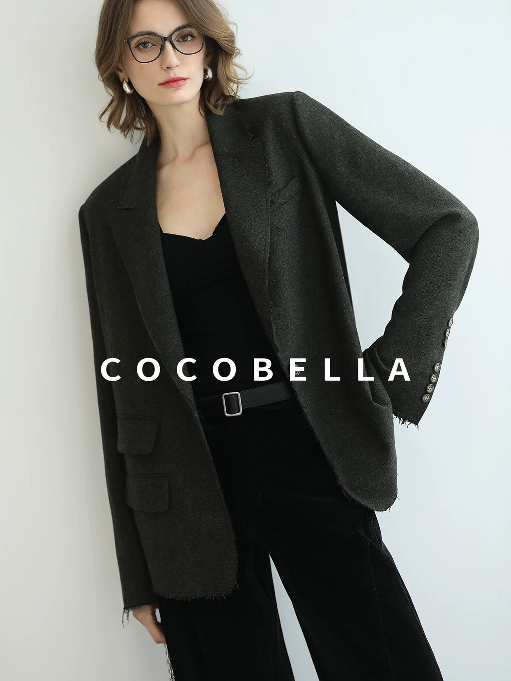COCOBELLA Premium Wool Blend Seaweed Green Straight Cut Notch Lapel Women Office Blazers