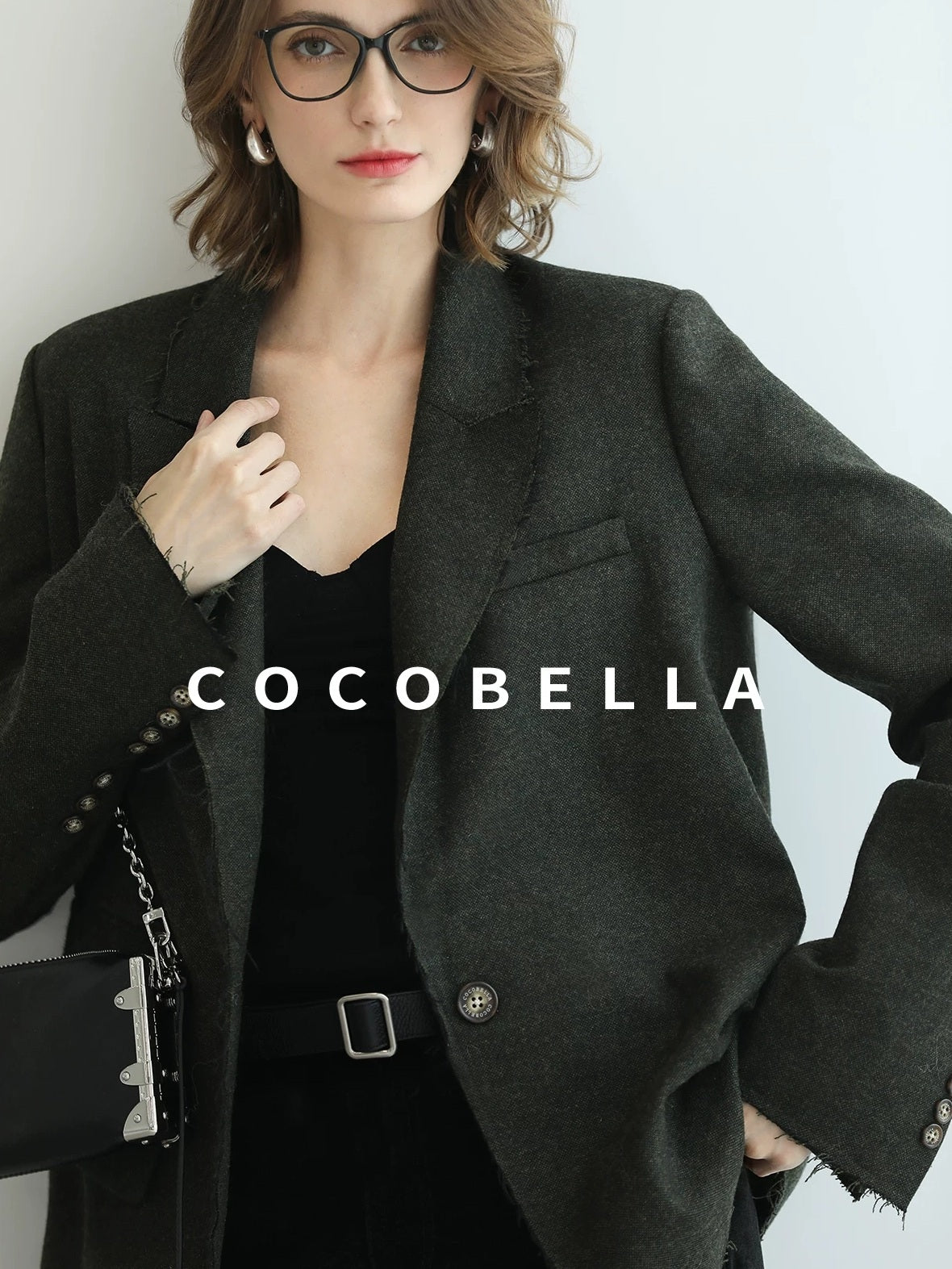 COCOBELLA Premium Wool Blend Seaweed Green Straight Cut Notch Lapel Women Office Blazers