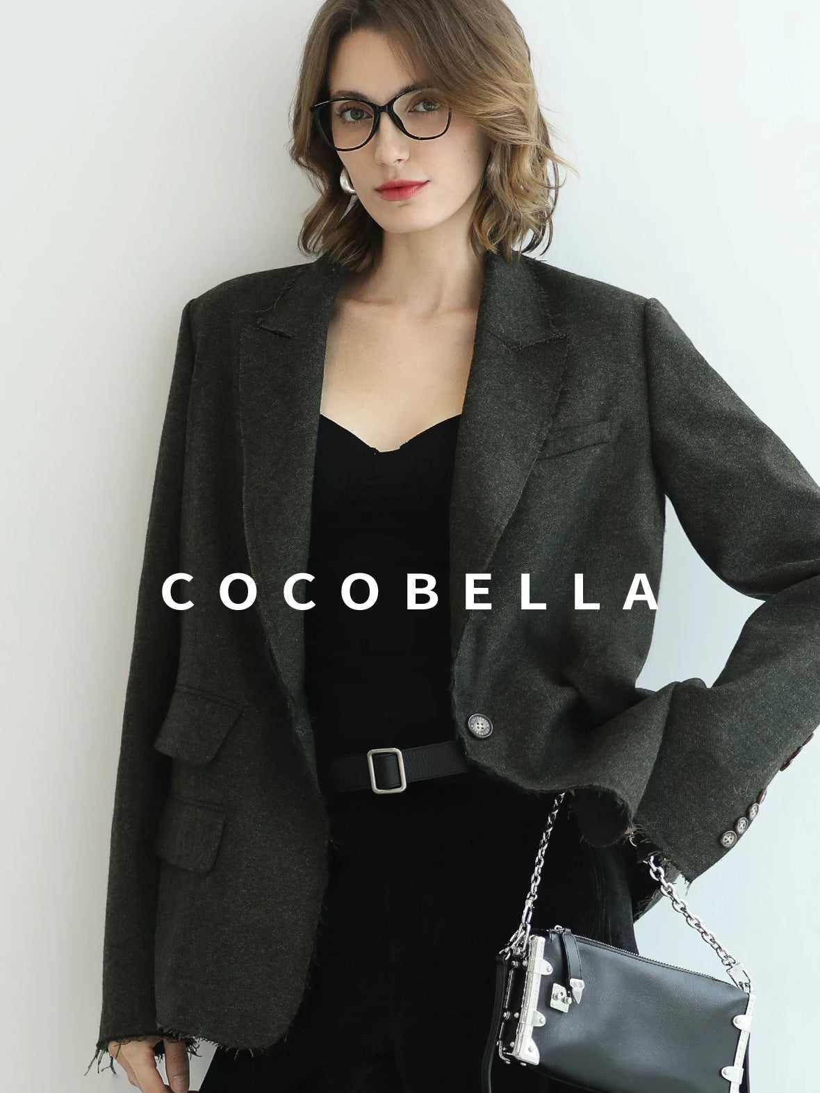 COCOBELLA Premium Wool Blend Seaweed Green Straight Cut Notch Lapel Women Office Blazers