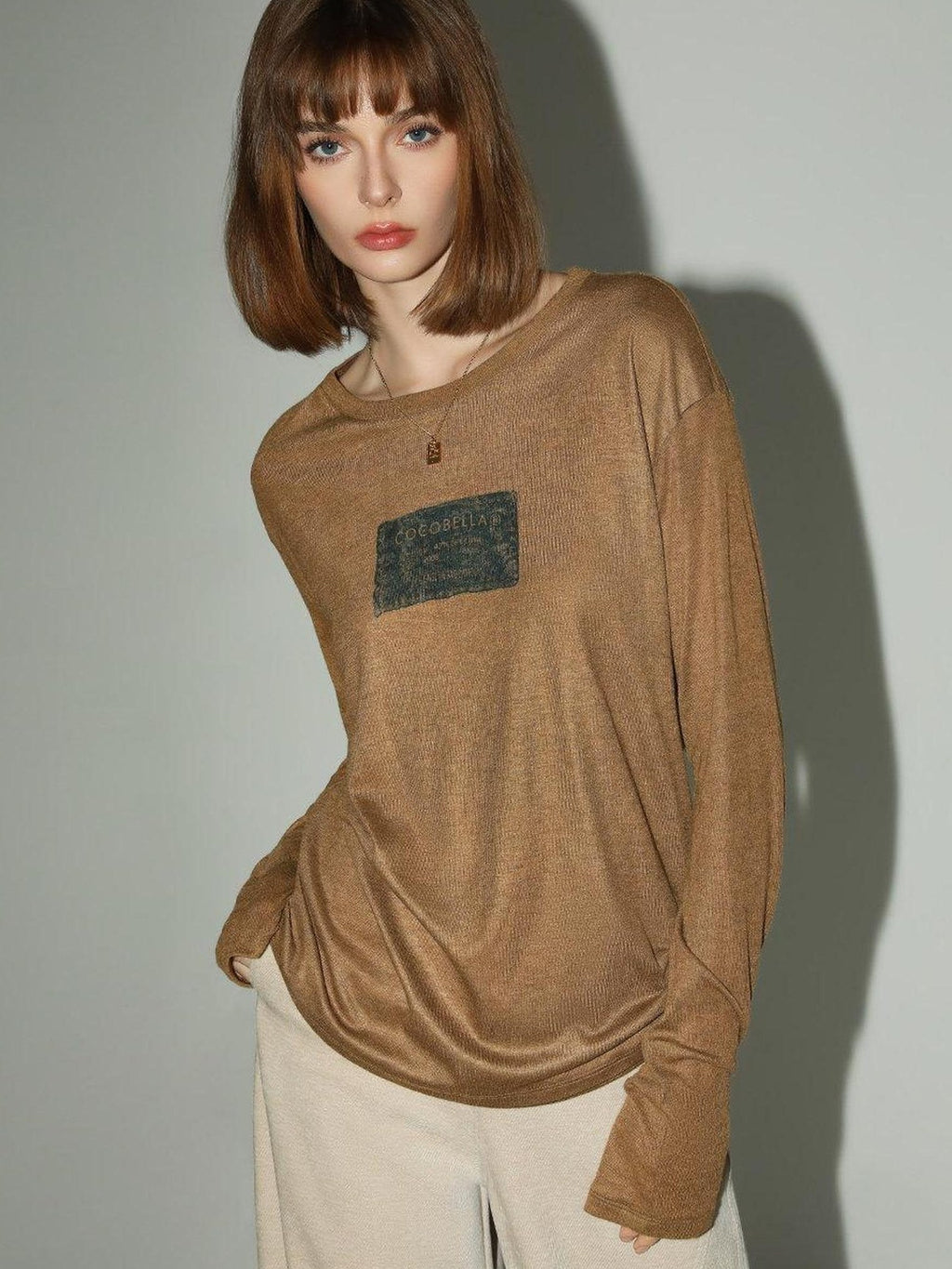 COCOBELLA Printed Lightweight Casual Straight Fit Long Sleeve Everyday Ecru Toffee Shirts