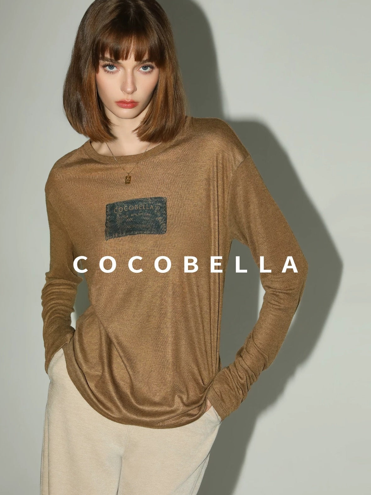 COCOBELLA Printed Lightweight Casual Straight Fit Long Sleeve Everyday Ecru Toffee Shirts