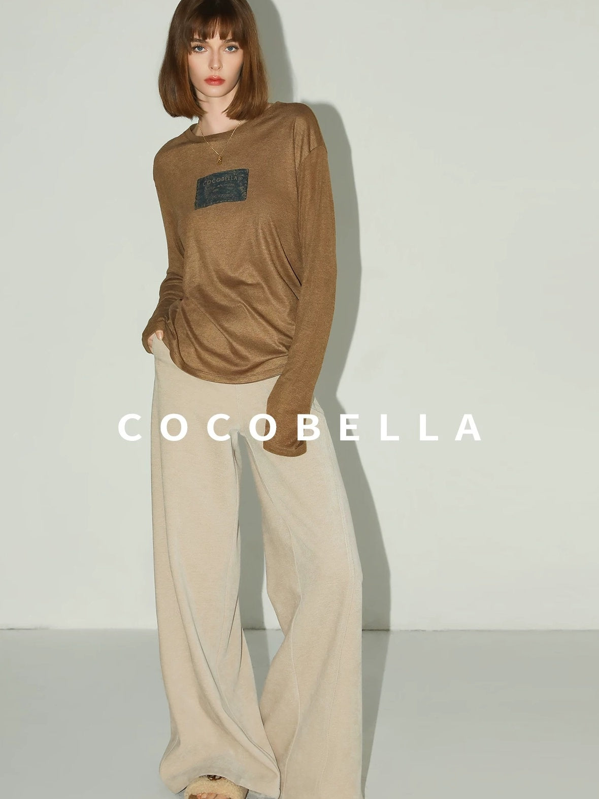 COCOBELLA Printed Lightweight Casual Straight Fit Long Sleeve Everyday Ecru Toffee Shirts