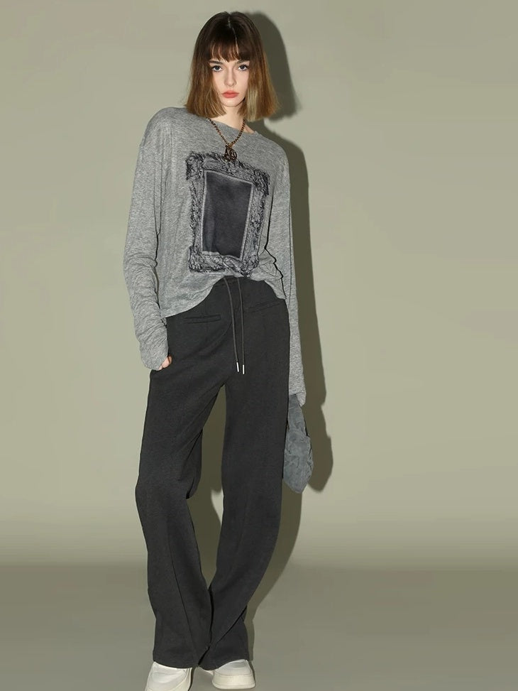 COCOBELLA Printed Loose Fit Ol Commuter Crew Neck Women Long Sleeve Grey Shirts