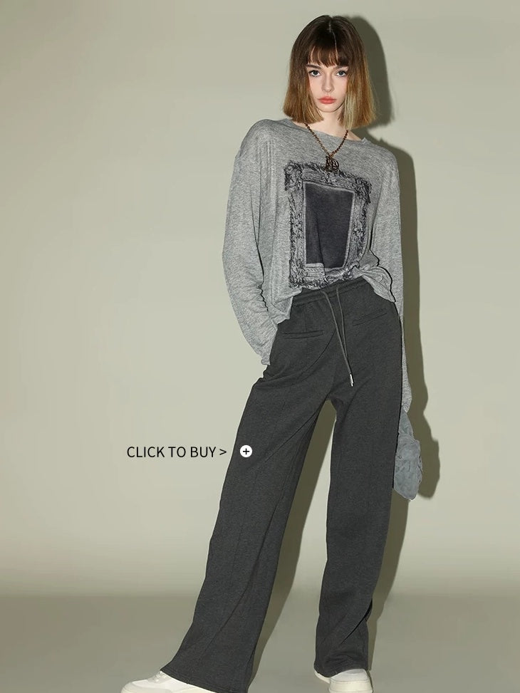 COCOBELLA Printed Loose Fit Ol Commuter Crew Neck Women Long Sleeve Grey Shirts