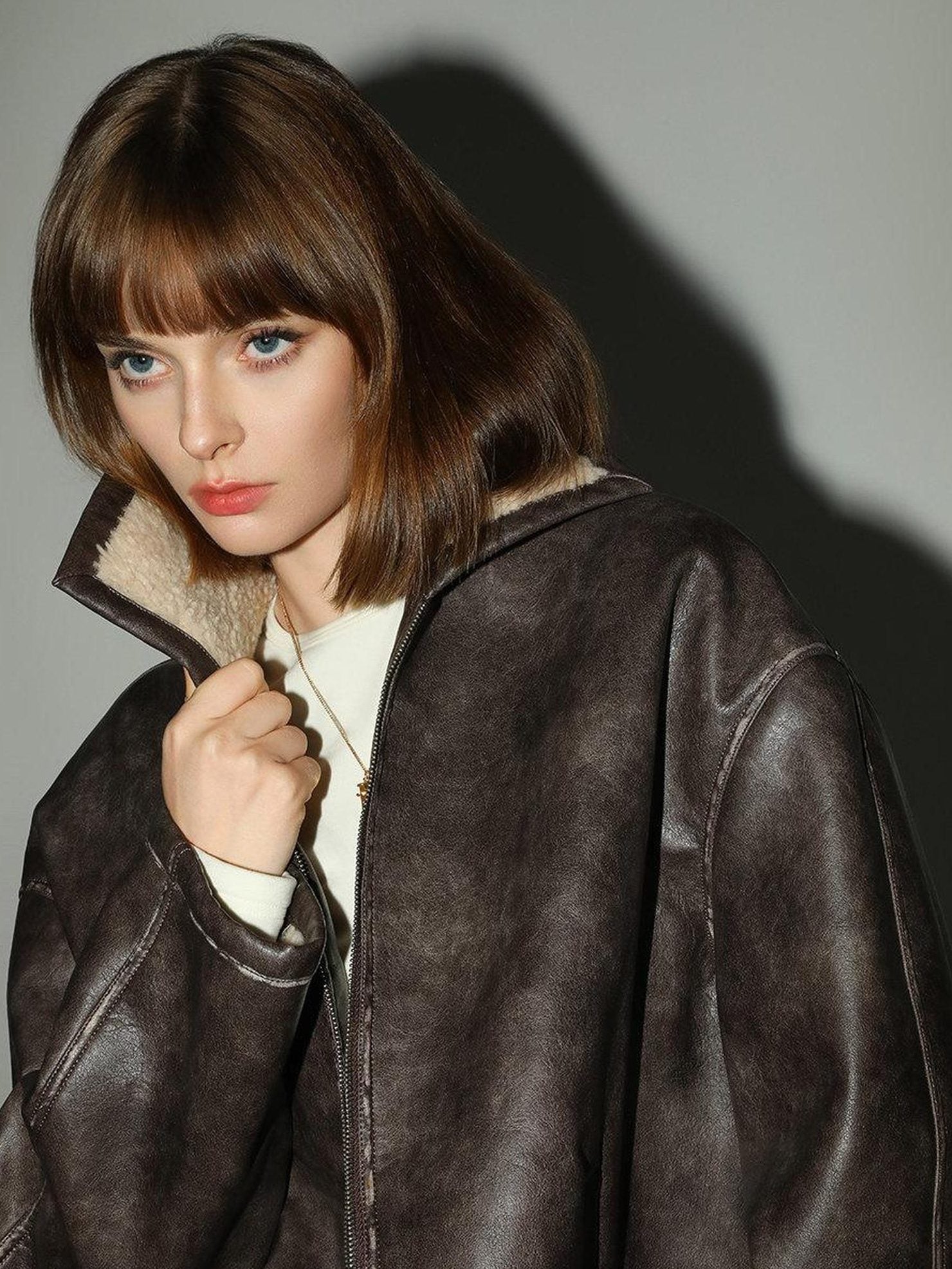 COCOBELLA Pu Patchwork Relaxed Fit Street Zip Front Turn Collar Chestnut Padded Jackets