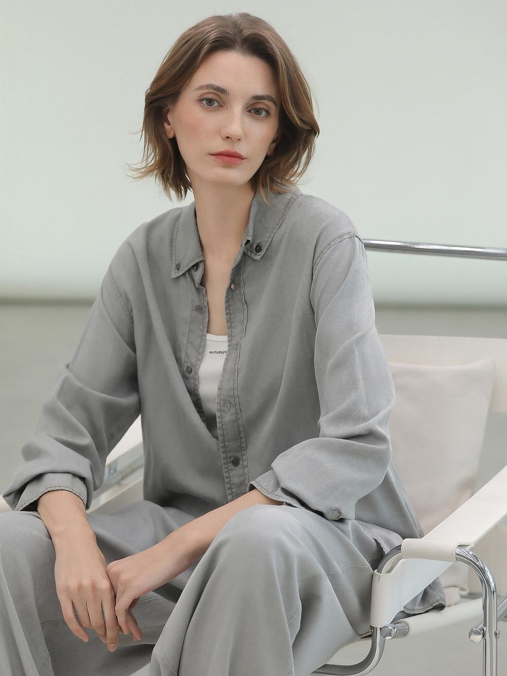 COCOBELLA Pure Lyocell Washed Button Down Straight Shadow Green Women Long Sleeve Shirts