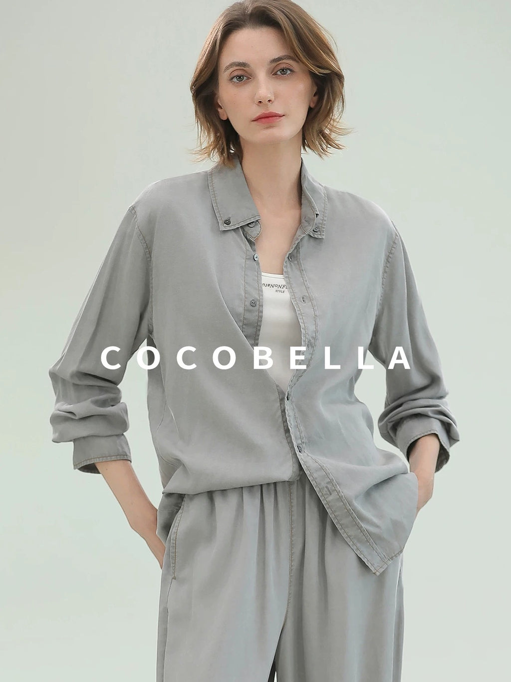 COCOBELLA Pure Lyocell Washed Button Down Straight Shadow Green Women Long Sleeve Shirts