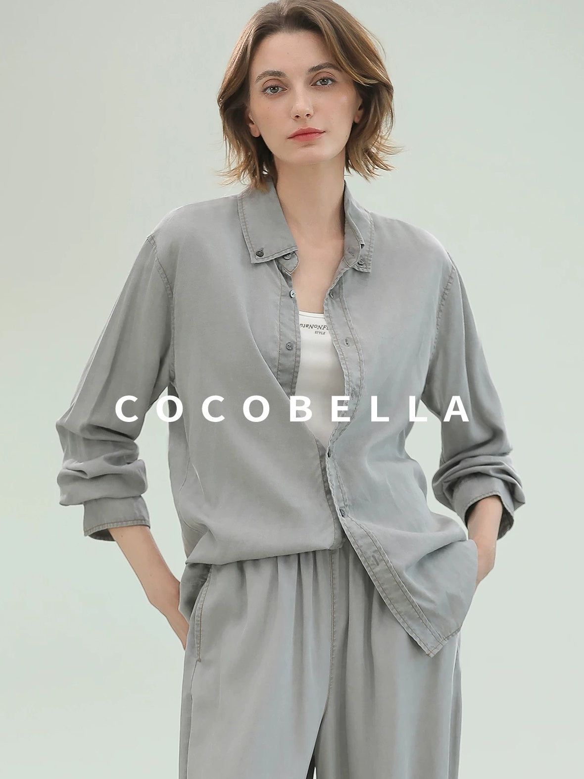 COCOBELLA Pure Lyocell Washed Button Down Straight Shadow Green Women Long Sleeve Shirts