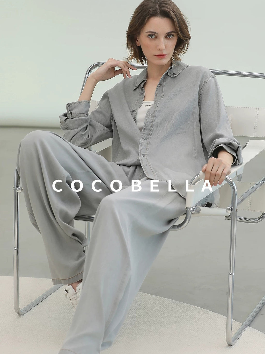 COCOBELLA Pure Lyocell Washed Button Down Straight Shadow Green Women Long Sleeve Shirts