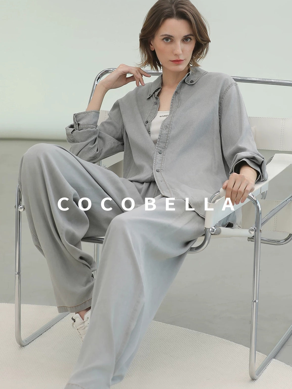 COCOBELLA Pure Lyocell Washed Button Down Straight Shadow Green Women Long Sleeve Shirts