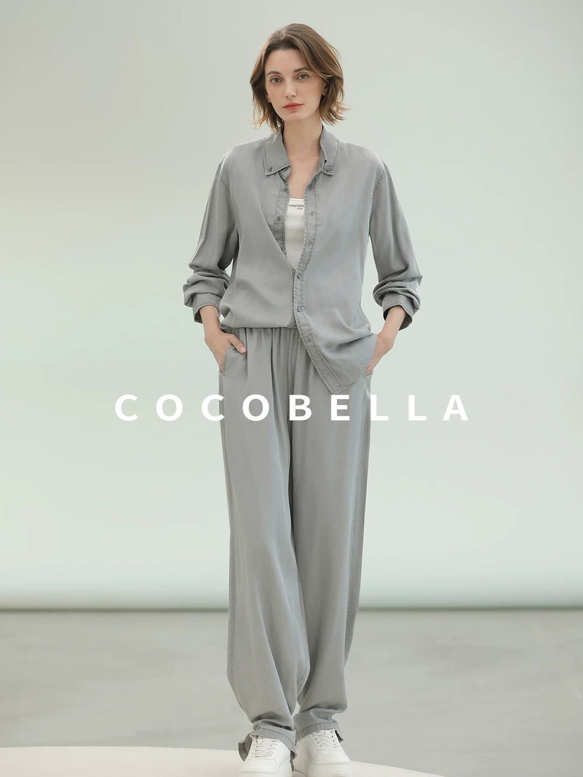 COCOBELLA Pure Lyocell Washed Button Down Straight Shadow Green Women Long Sleeve Shirts