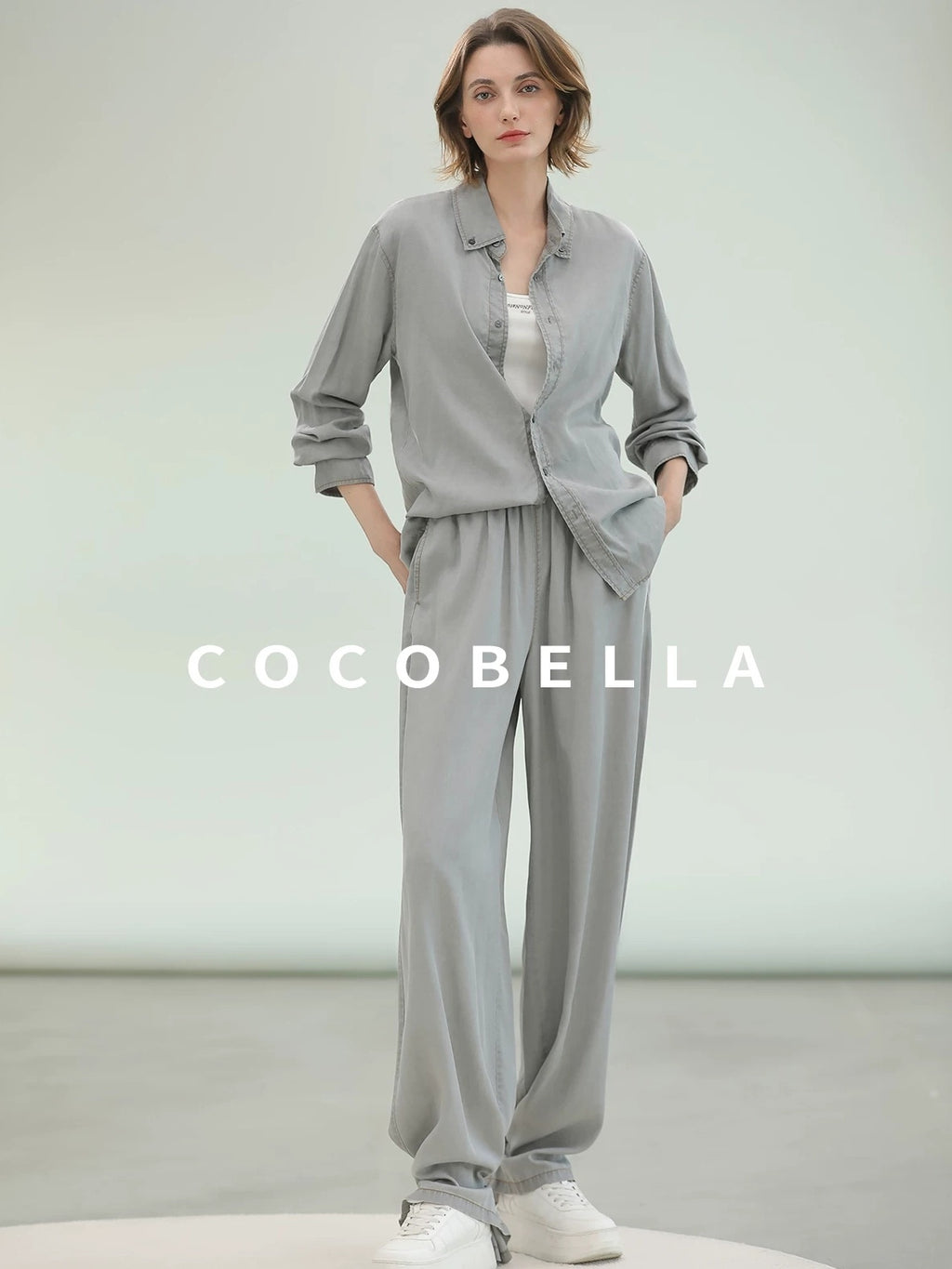 COCOBELLA Pure Lyocell Washed Button Down Straight Shadow Green Women Long Sleeve Shirts