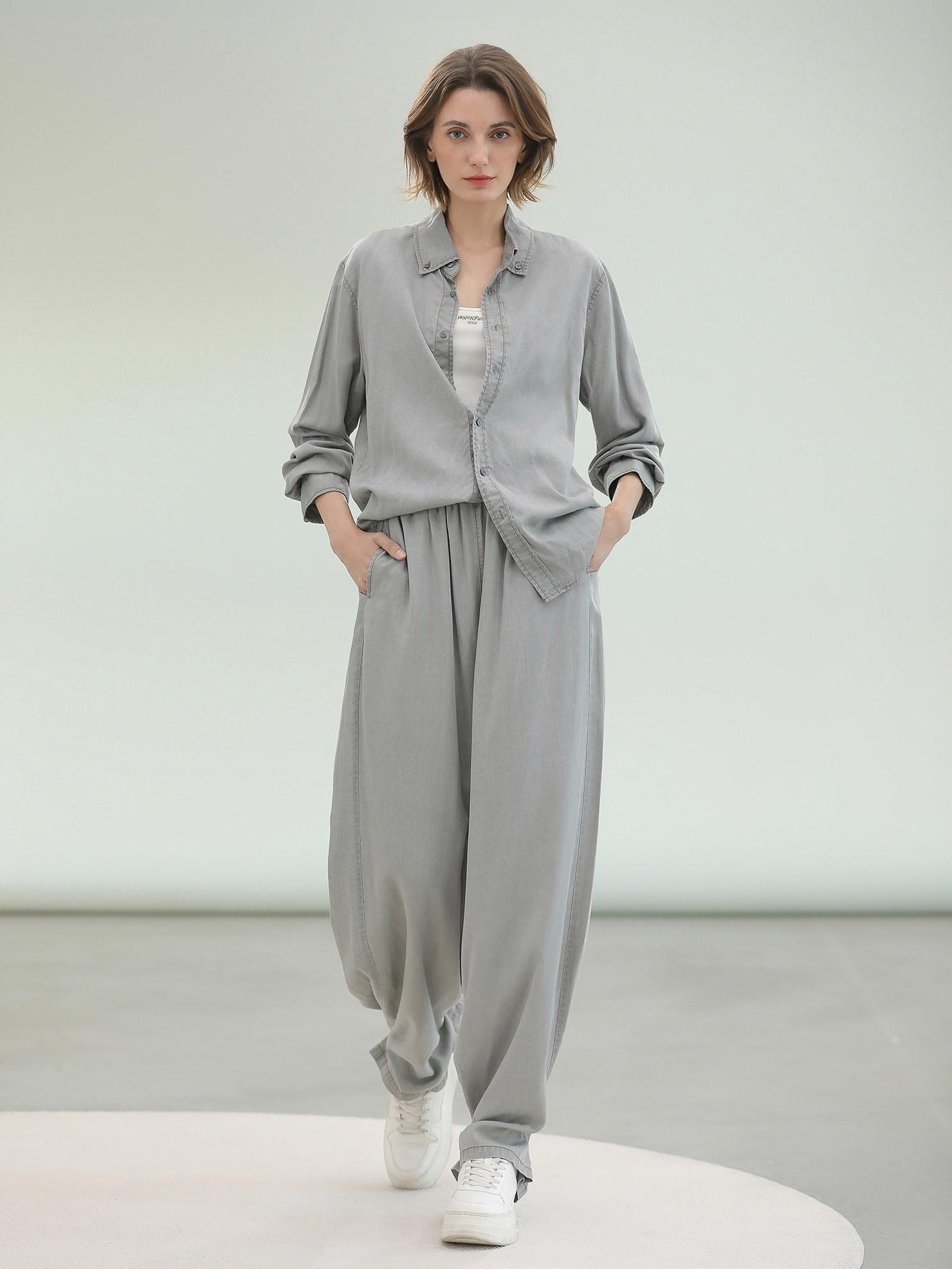 COCOBELLA Pure Lyocell Washed Button Down Straight Shadow Green Women Long Sleeve Shirts