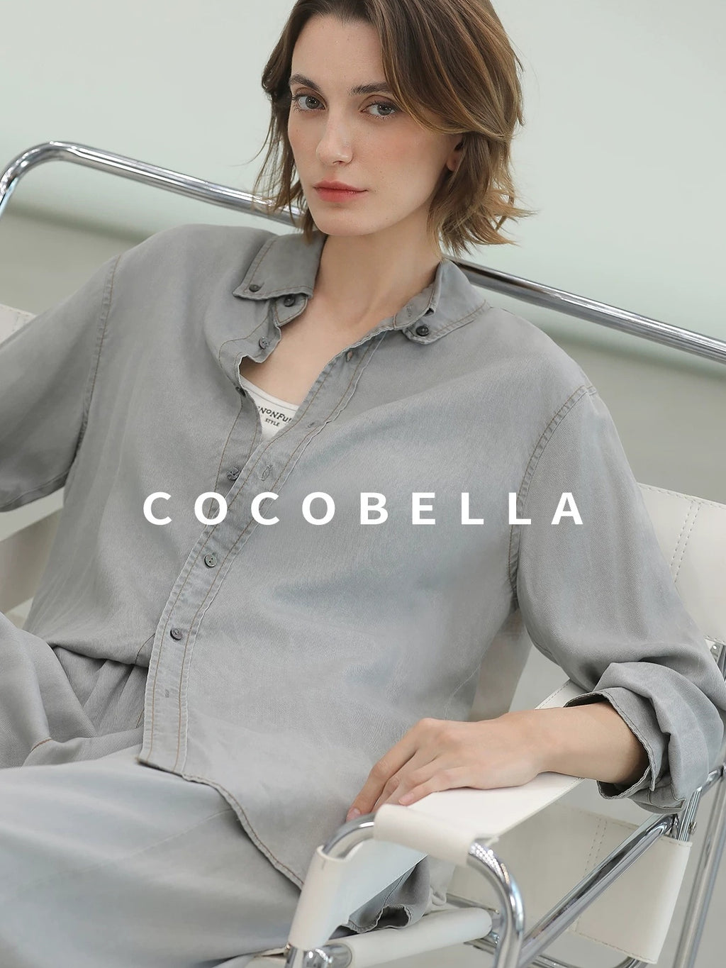 COCOBELLA Pure Lyocell Washed Button Down Straight Shadow Green Women Long Sleeve Shirts