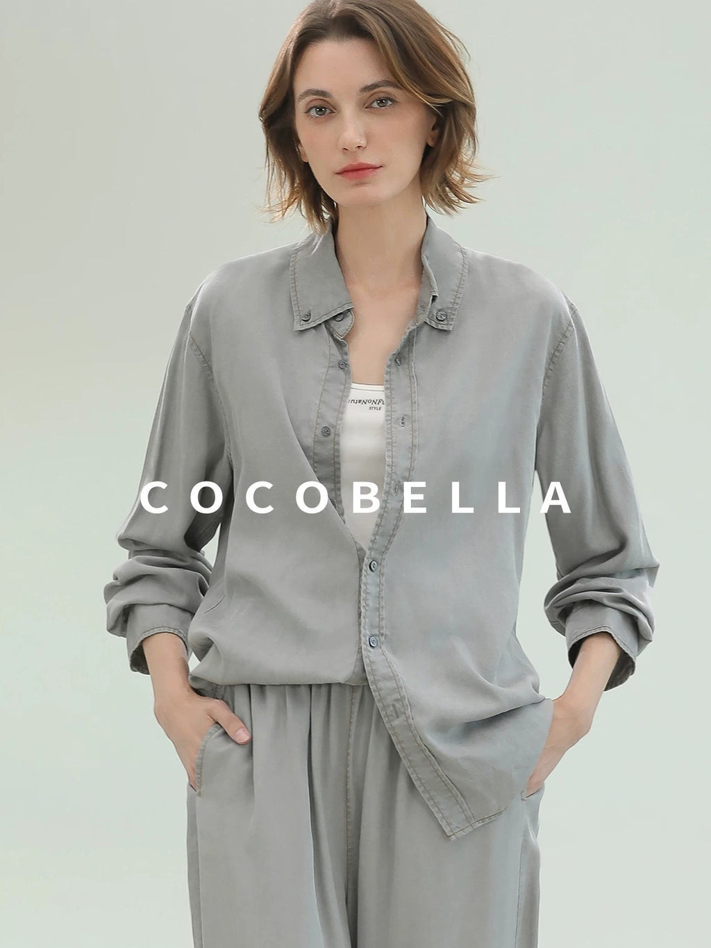 COCOBELLA Pure Lyocell Washed Button Down Straight Shadow Green Women Long Sleeve Shirts
