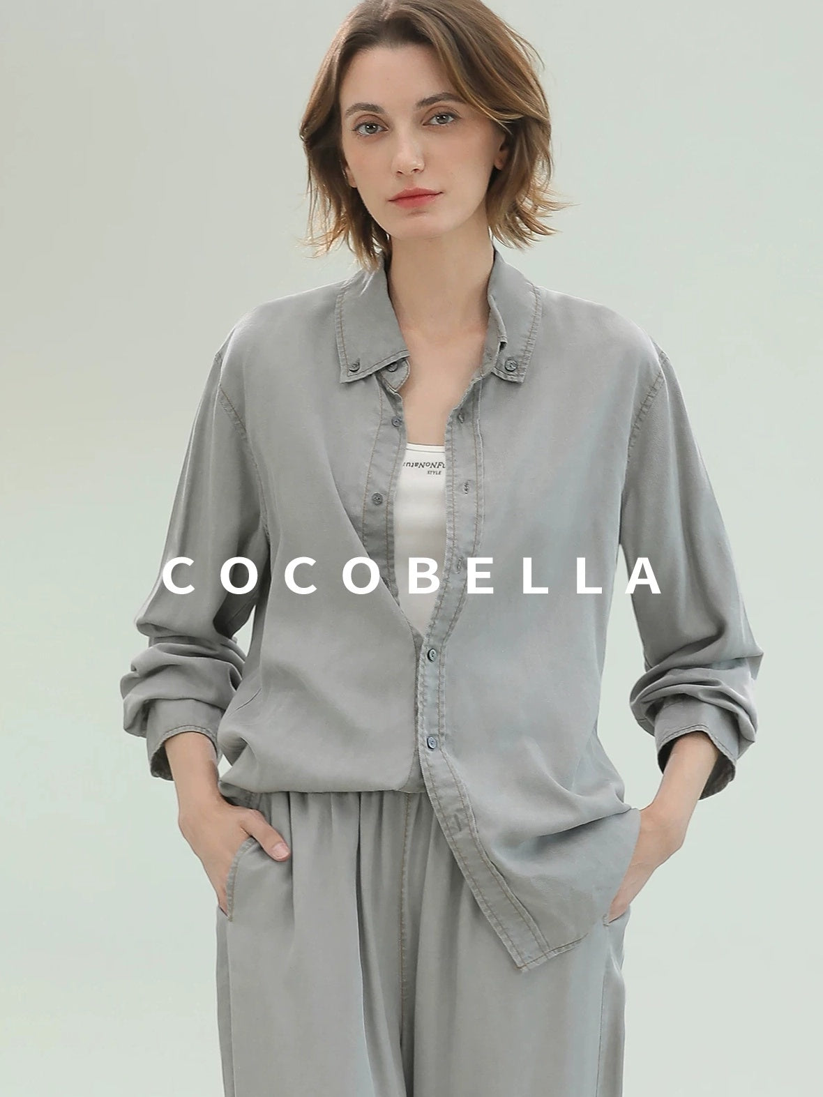 COCOBELLA Pure Lyocell Washed Button Down Straight Shadow Green Women Long Sleeve Shirts