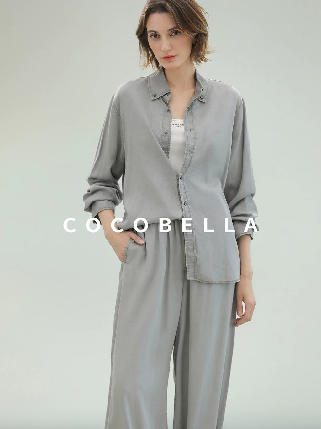 COCOBELLA Pure Lyocell Washed Button Down Straight Shadow Green Women Long Sleeve Shirts