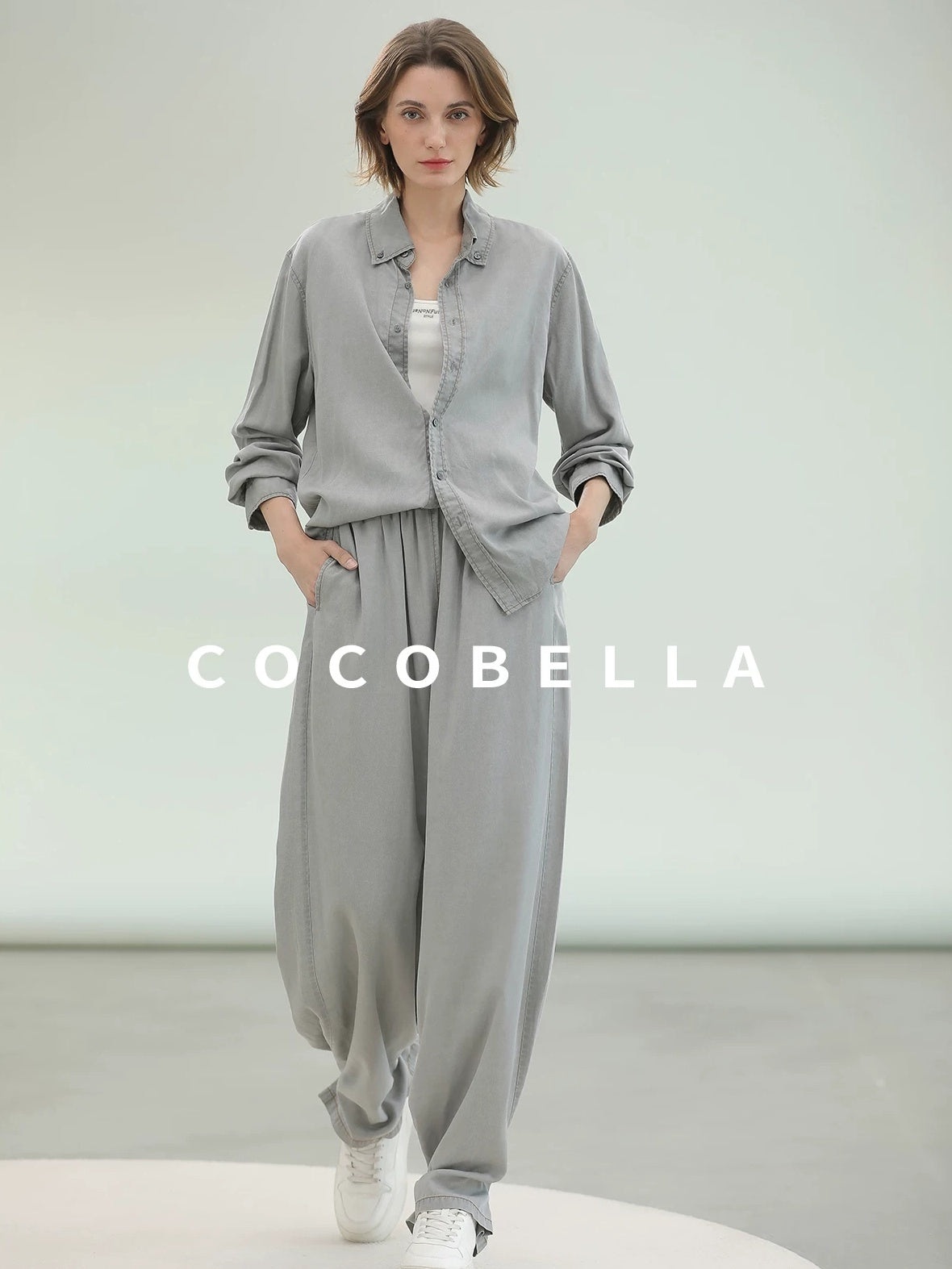 COCOBELLA Pure Lyocell Washed Button Down Straight Shadow Green Women Long Sleeve Shirts