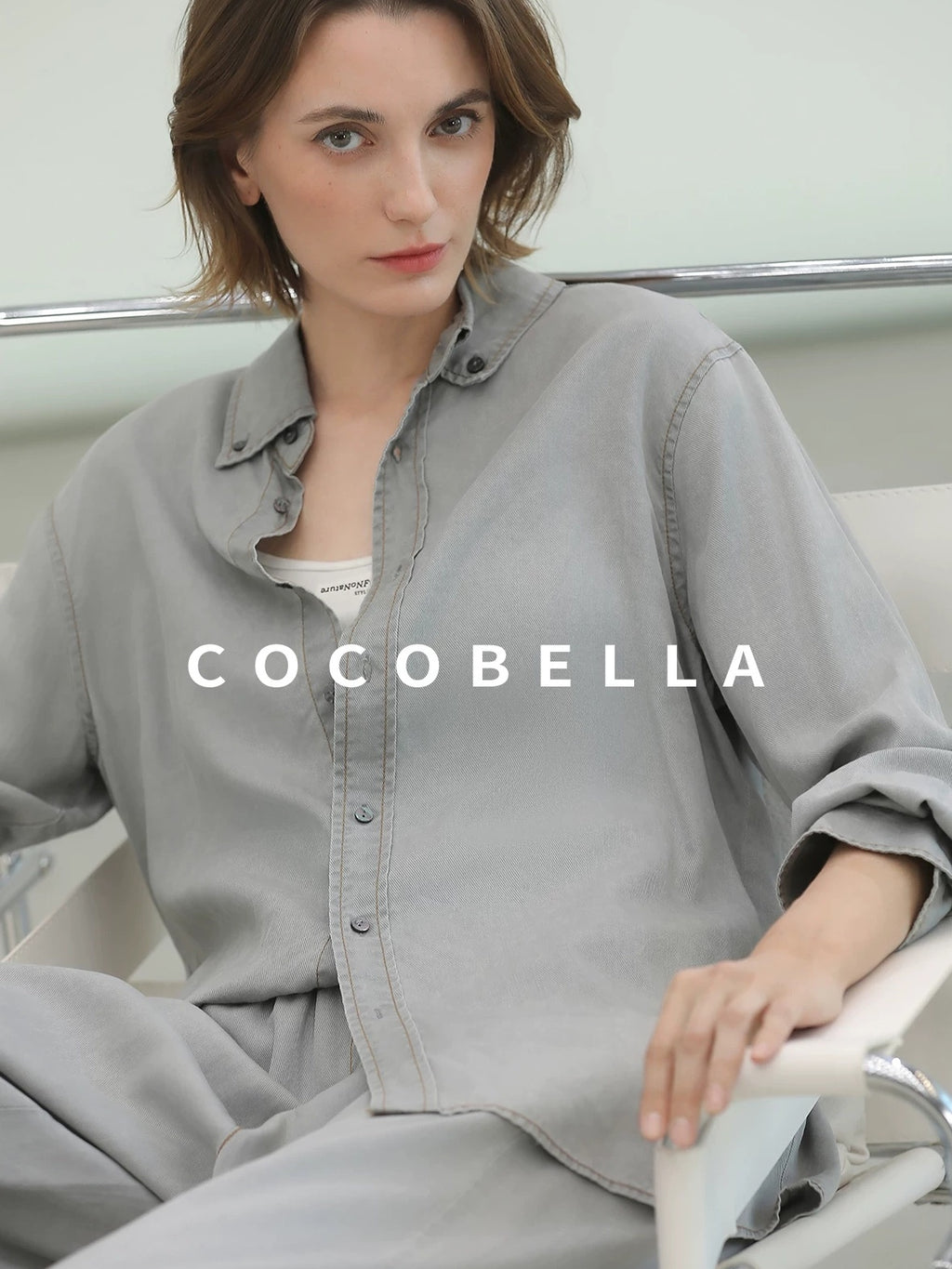 COCOBELLA Pure Lyocell Washed Button Down Straight Shadow Green Women Long Sleeve Shirts
