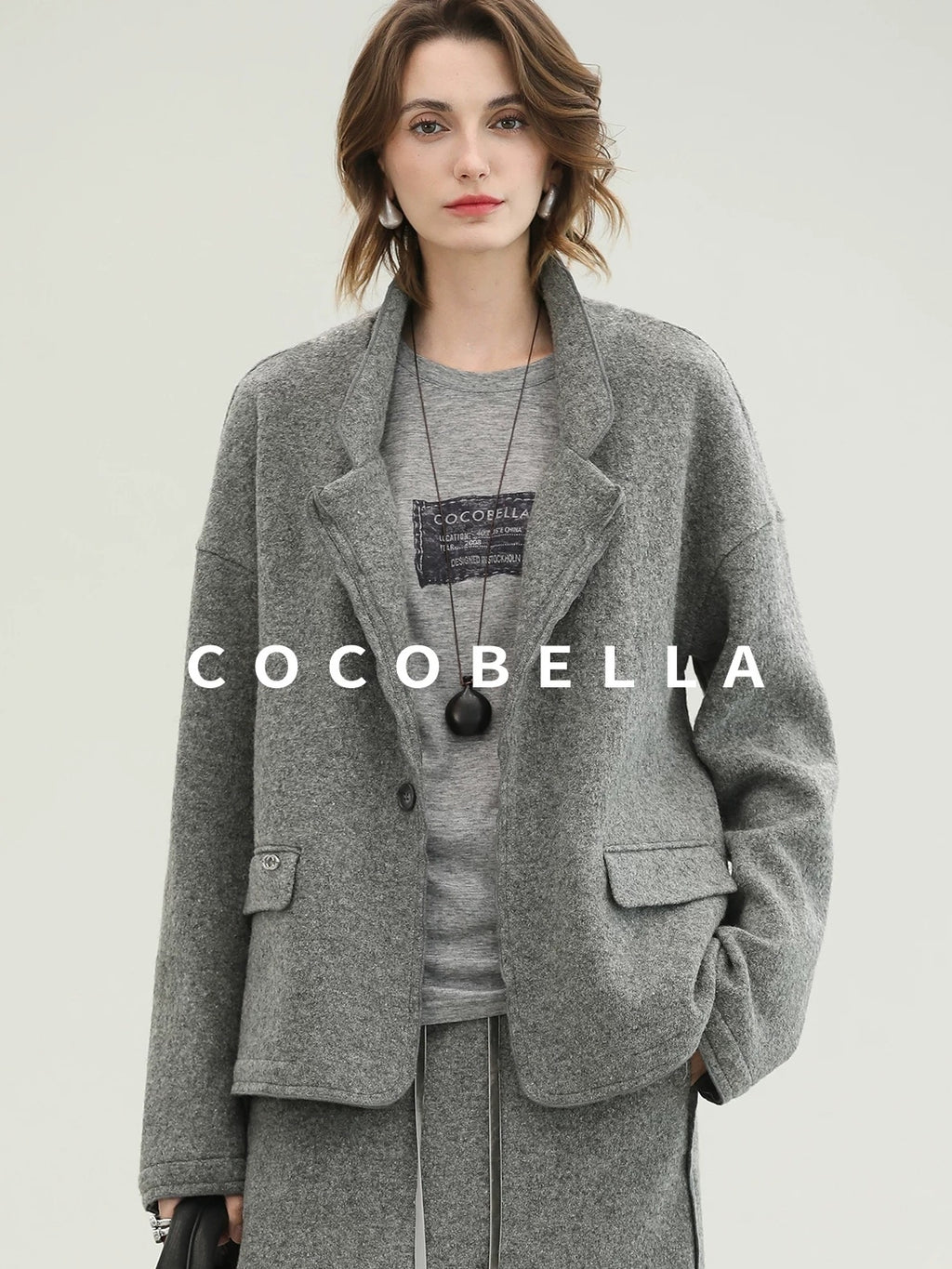 COCOBELLA Pure Wool Straight Blazer Collar Single Button Women Office Outerwear Jackets