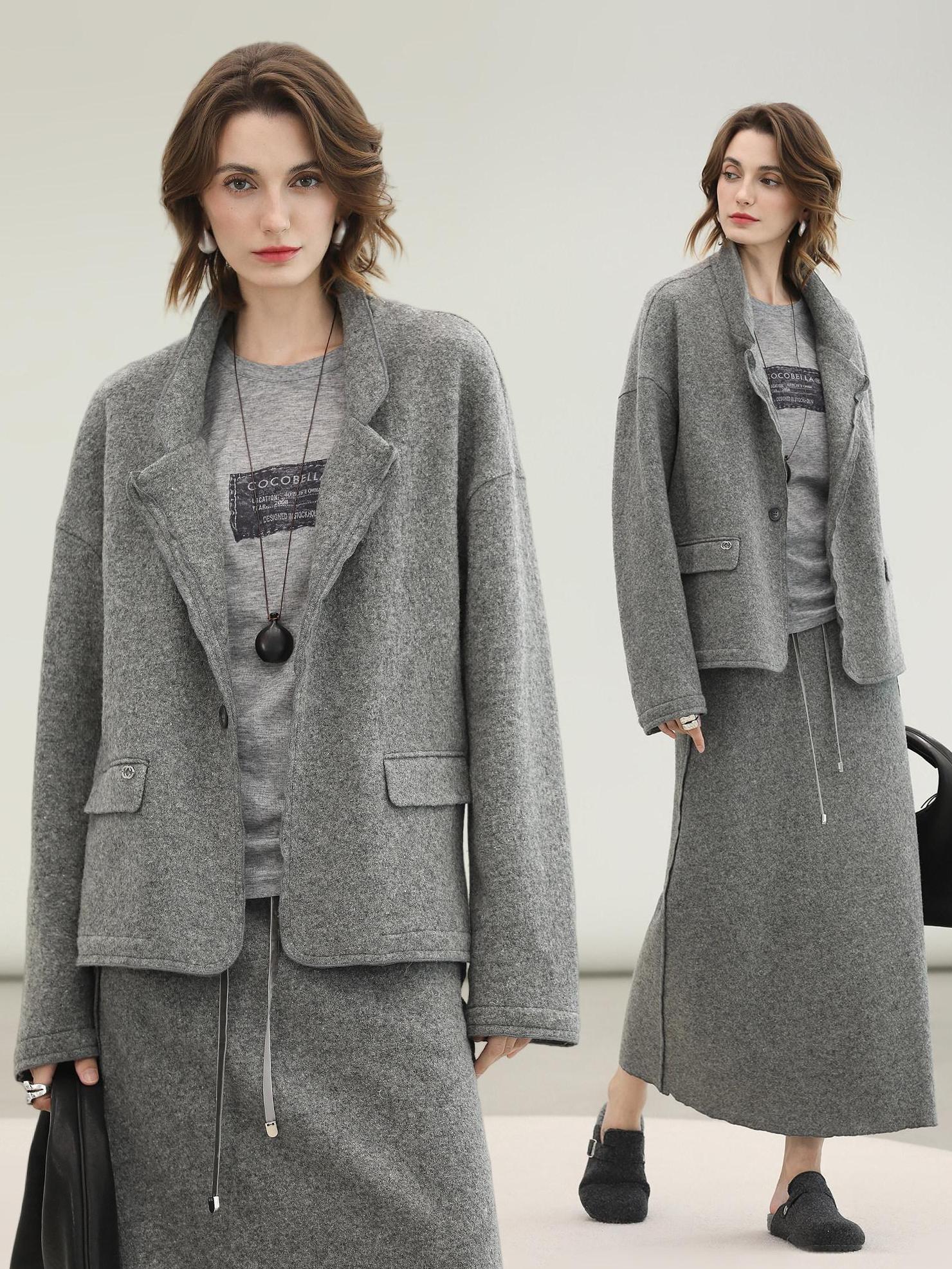COCOBELLA Pure Wool Straight Blazer Collar Single Button Women Office Outerwear Jackets