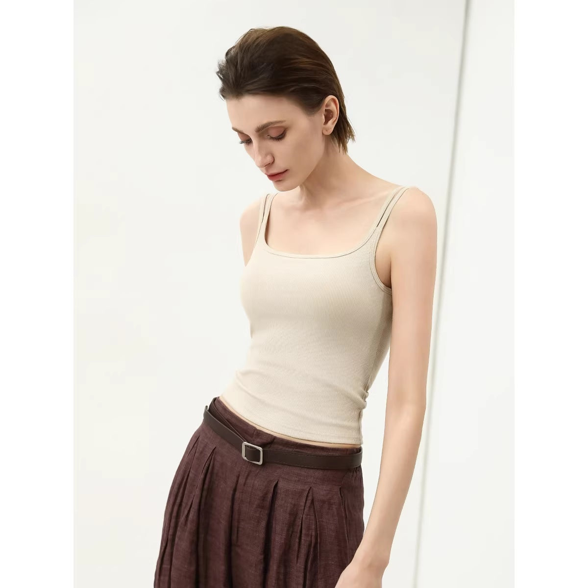 COCOBELLA_Recycled_Viscose_Cotton_Padded_Slim_U_Neck_Strap_Tank_Top_Womens_Work_Ecru_Tops_MISSTT