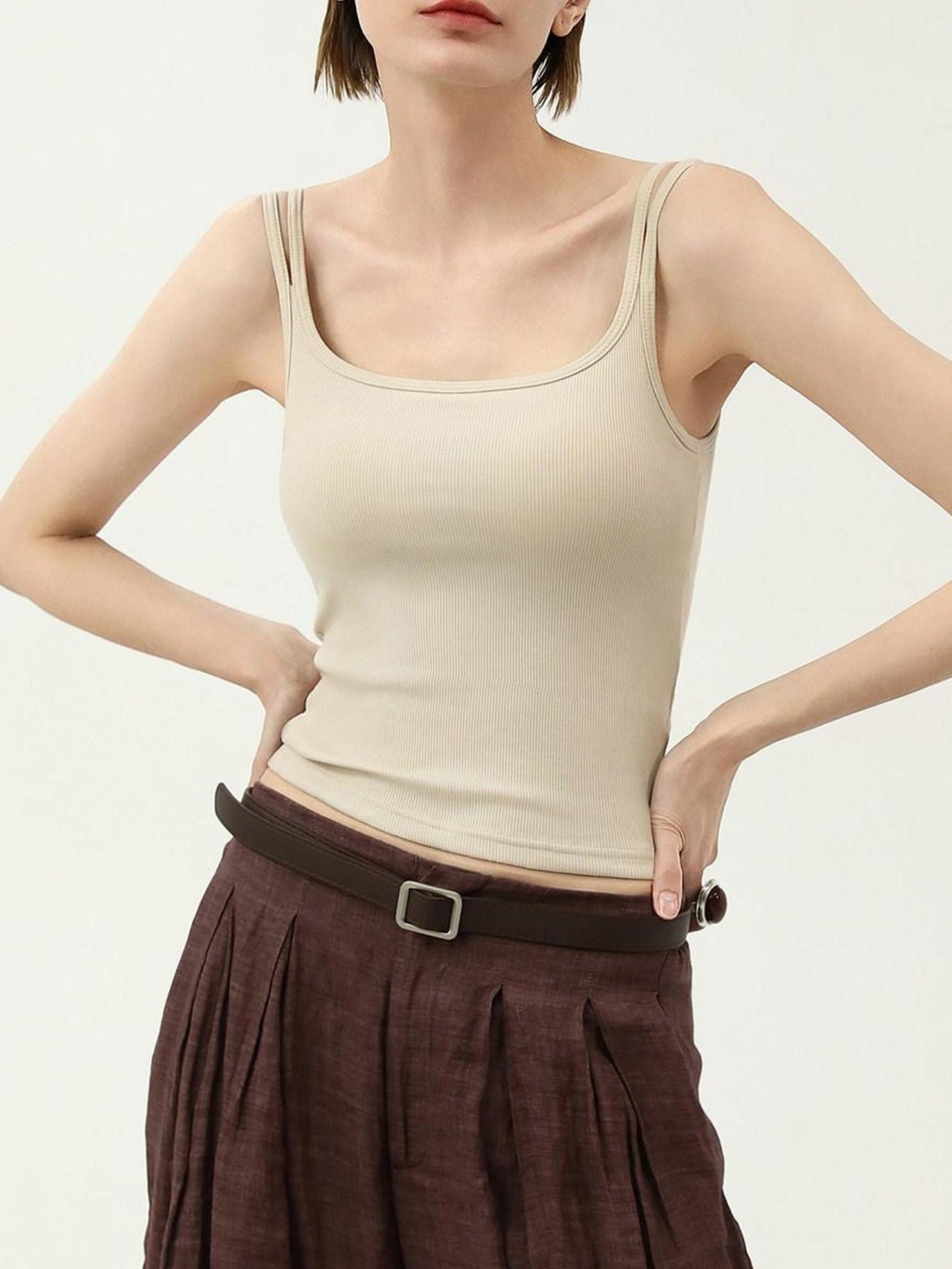 COCOBELLA Recycled Viscose Cotton Padded Slim U Neck Strap Tank Top Womens Work Ecru Tops