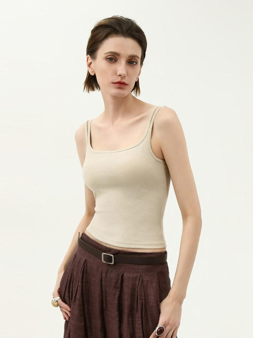 COCOBELLA Recycled Viscose Cotton Padded Slim U Neck Strap Tank Top Womens Work Ecru Tops