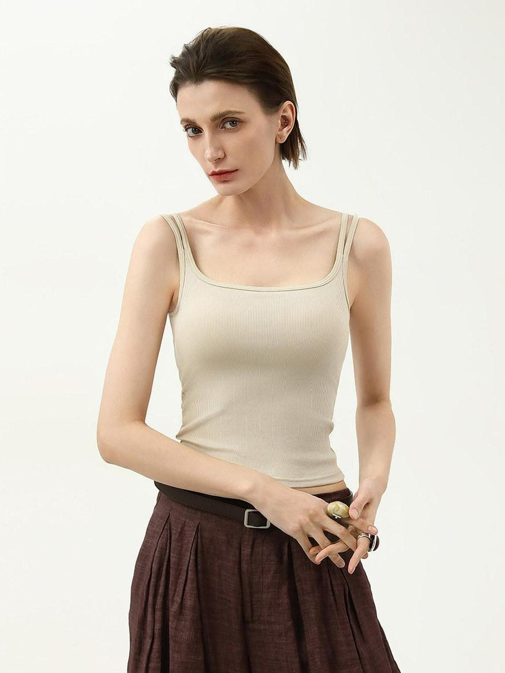 COCOBELLA Recycled Viscose Cotton Padded Slim U Neck Strap Tank Top Womens Work Ecru Tops