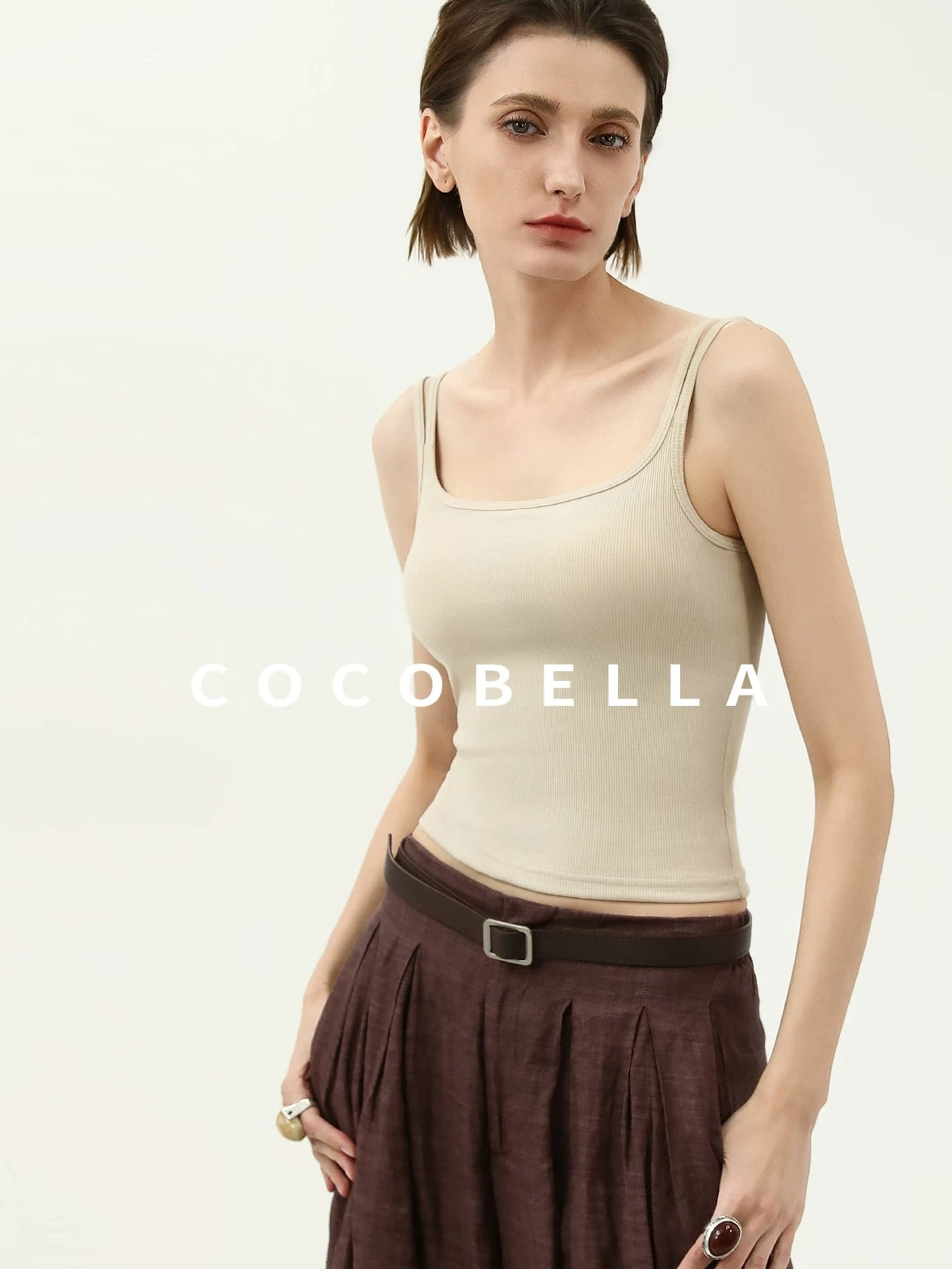 COCOBELLA Recycled Viscose Cotton Padded Slim U Neck Strap Tank Top Womens Work Ecru Tops