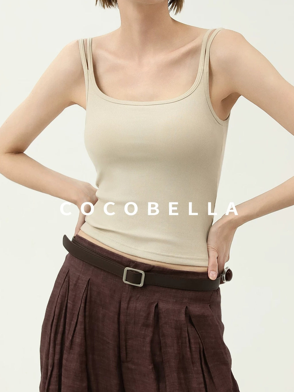 COCOBELLA Recycled Viscose Cotton Padded Slim U Neck Strap Tank Top Womens Work Ecru Tops