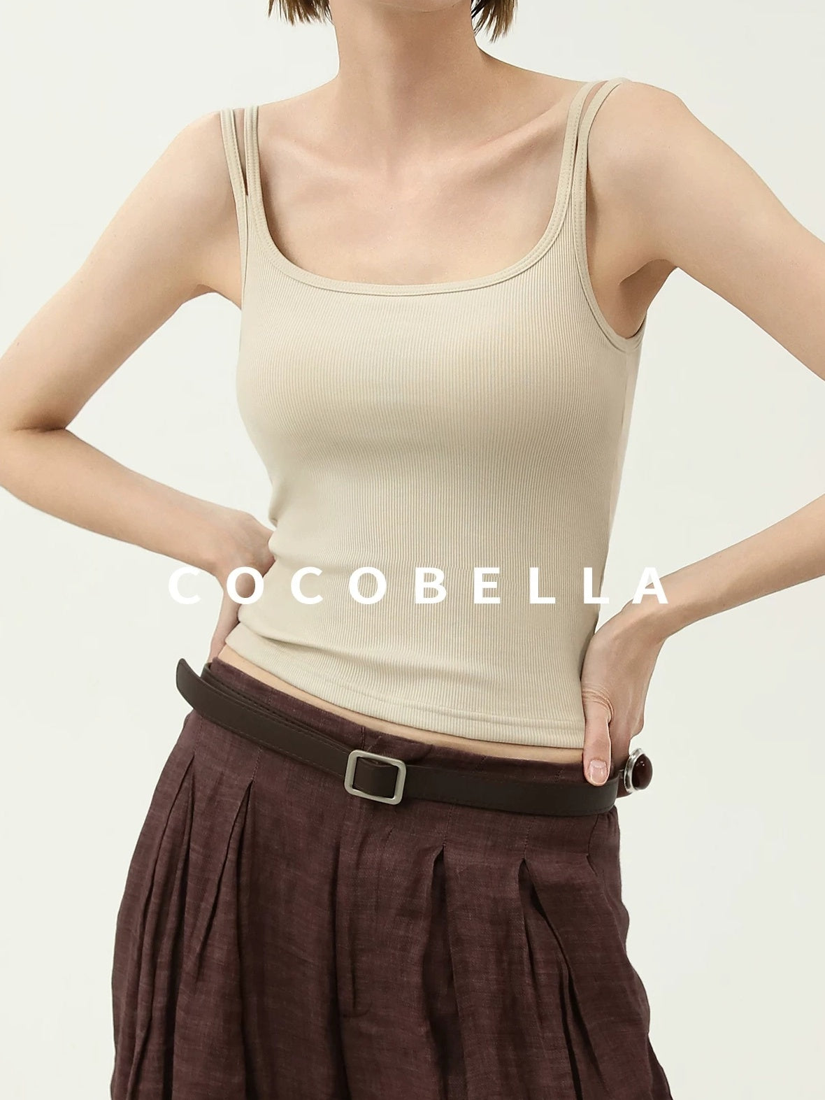 COCOBELLA Recycled Viscose Cotton Padded Slim U Neck Strap Tank Top Womens Work Ecru Tops