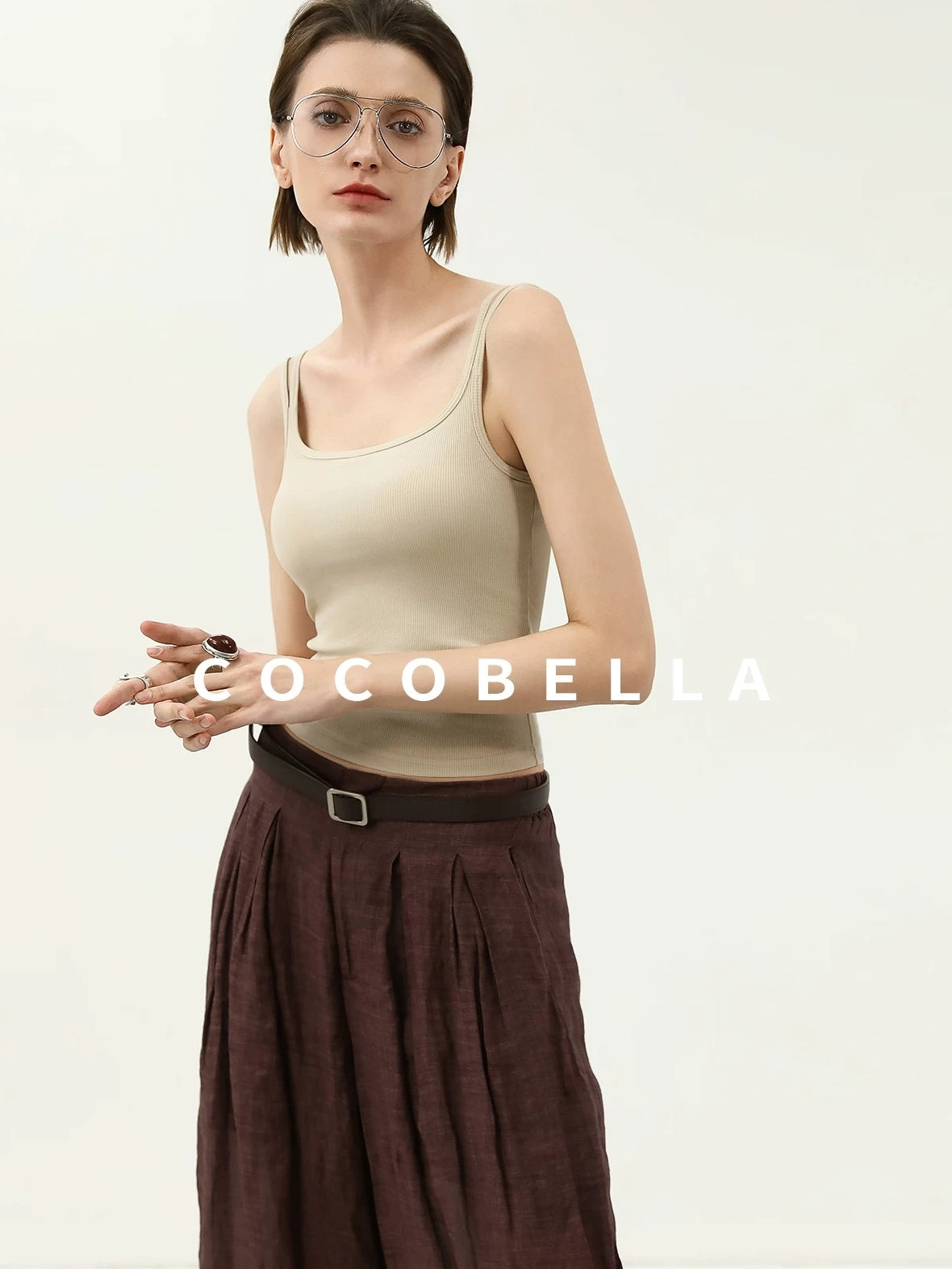 COCOBELLA Recycled Viscose Cotton Padded Slim U Neck Strap Tank Top Womens Work Ecru Tops