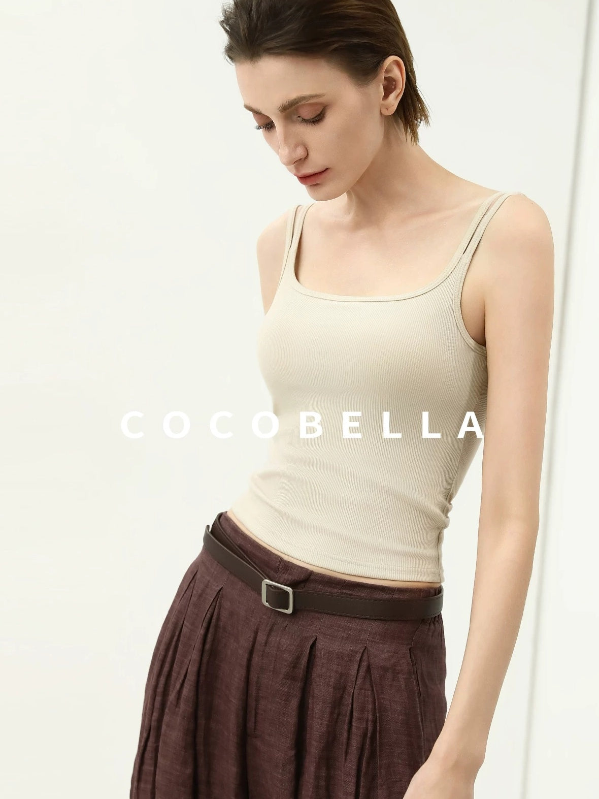 COCOBELLA Recycled Viscose Cotton Padded Slim U Neck Strap Tank Top Womens Work Ecru Tops