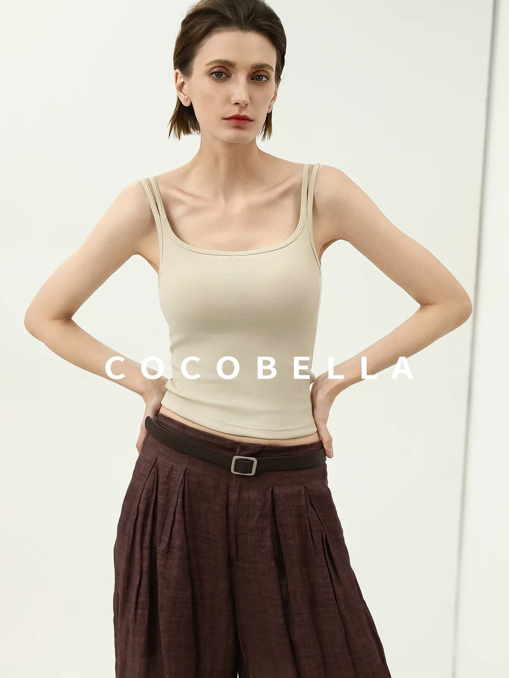 COCOBELLA Recycled Viscose Cotton Padded Slim U Neck Strap Tank Top Womens Work Ecru Tops