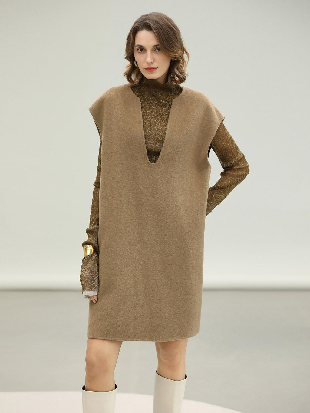 COCOBELLA Refined Wool Blend V Neck Sleeveless H Line Pullover Office Sweater Dresses