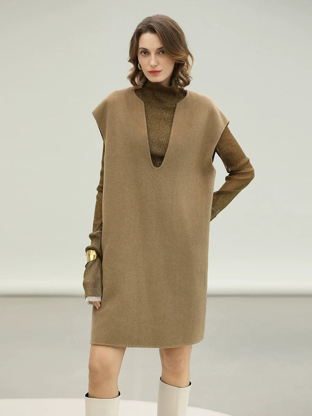 COCOBELLA Refined Wool Blend V Neck Sleeveless H Line Pullover Office Sweater Dresses
