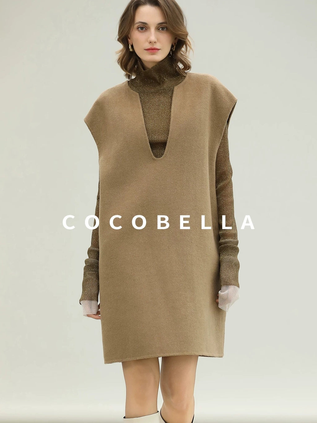 COCOBELLA Refined Wool Blend V Neck Sleeveless H Line Pullover Office Sweater Dresses