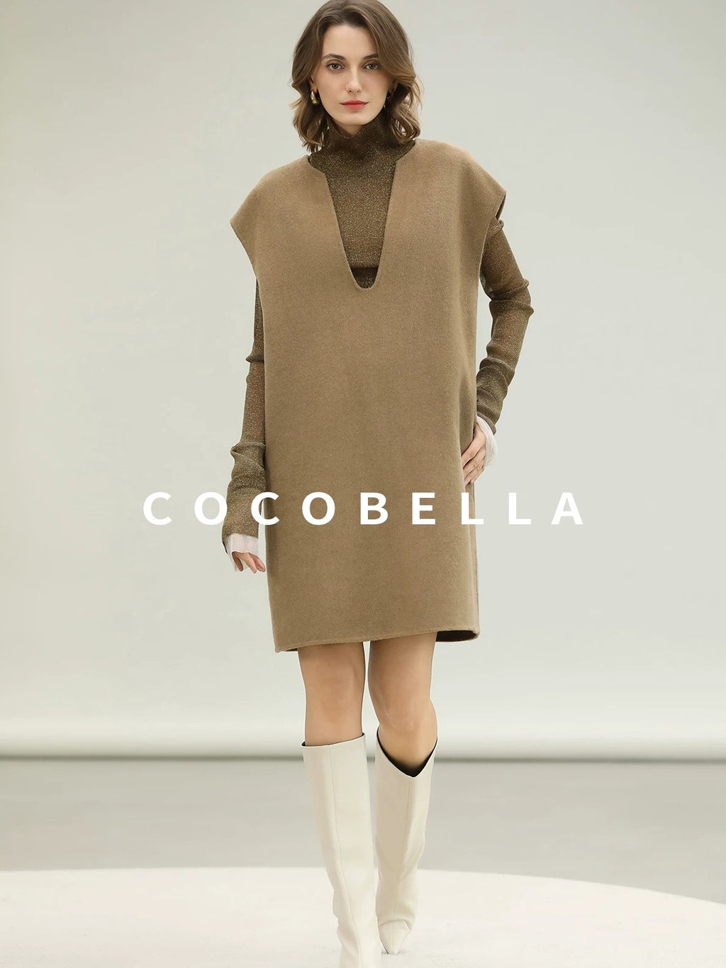 COCOBELLA Refined Wool Blend V Neck Sleeveless H Line Pullover Office Sweater Dresses