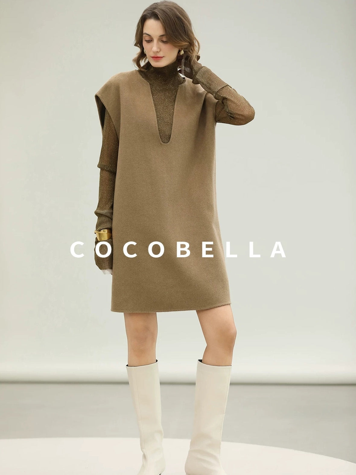 COCOBELLA Refined Wool Blend V Neck Sleeveless H Line Pullover Office Sweater Dresses